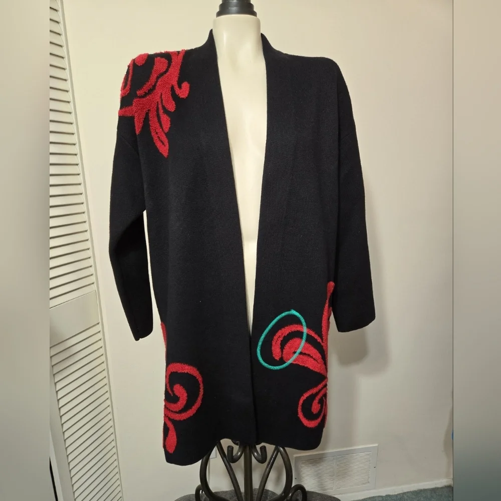 Chico's Red & black scroll long cardigan - Picture 6 of 10